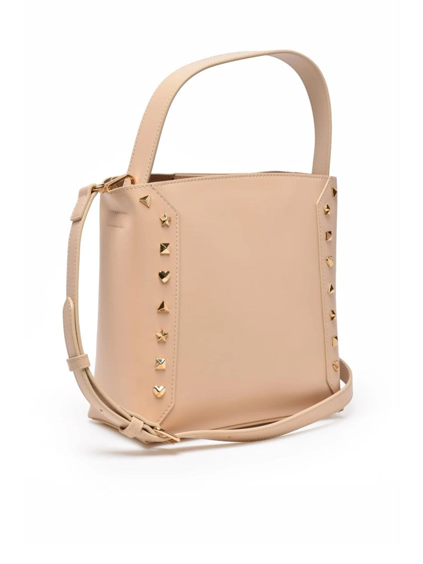 Love Moschino Beige Studded Polyurethane Bucket Shoulder Bag