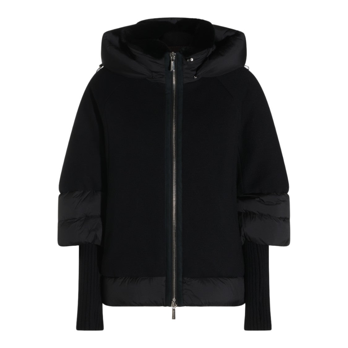 Moorer Boxy Black Coat With Padded Hood And Ribbed Knit Sleeves
