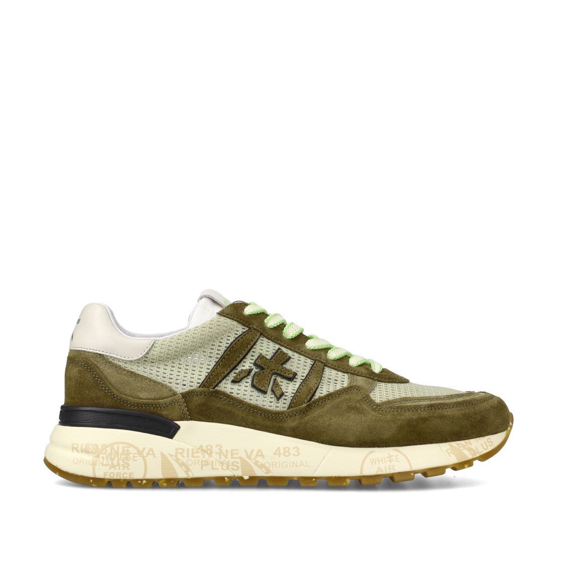 Premiata Landeck Sneakers In Green Suede And Natural Mesh Fabric