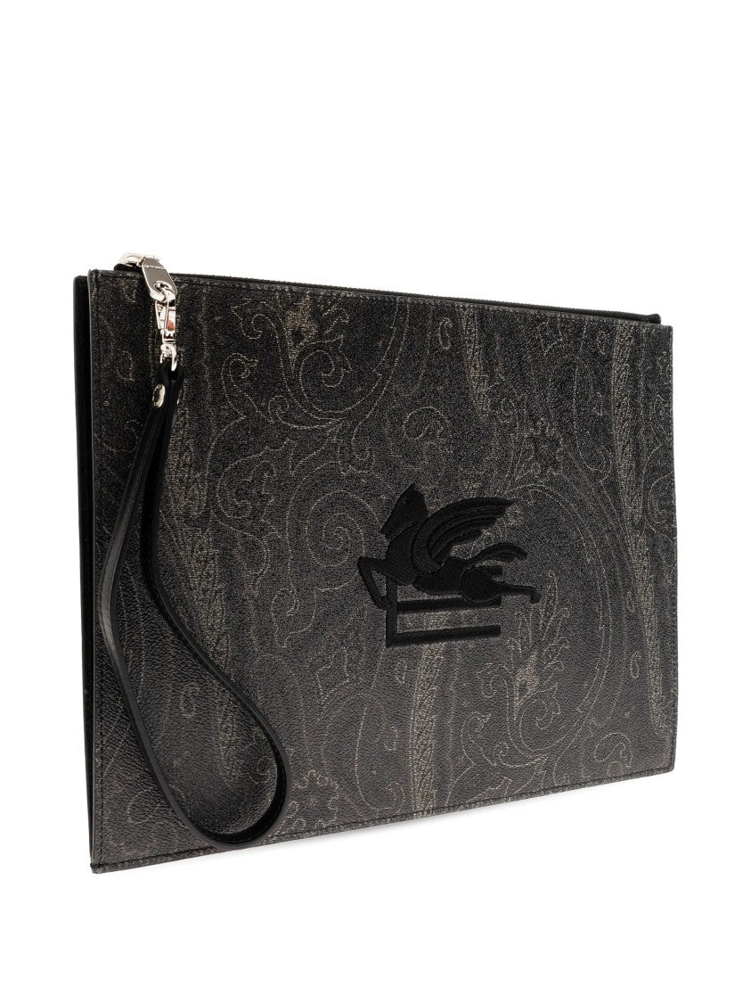 Etro Rectangular Black Paisley Embroidered Logo Pouch