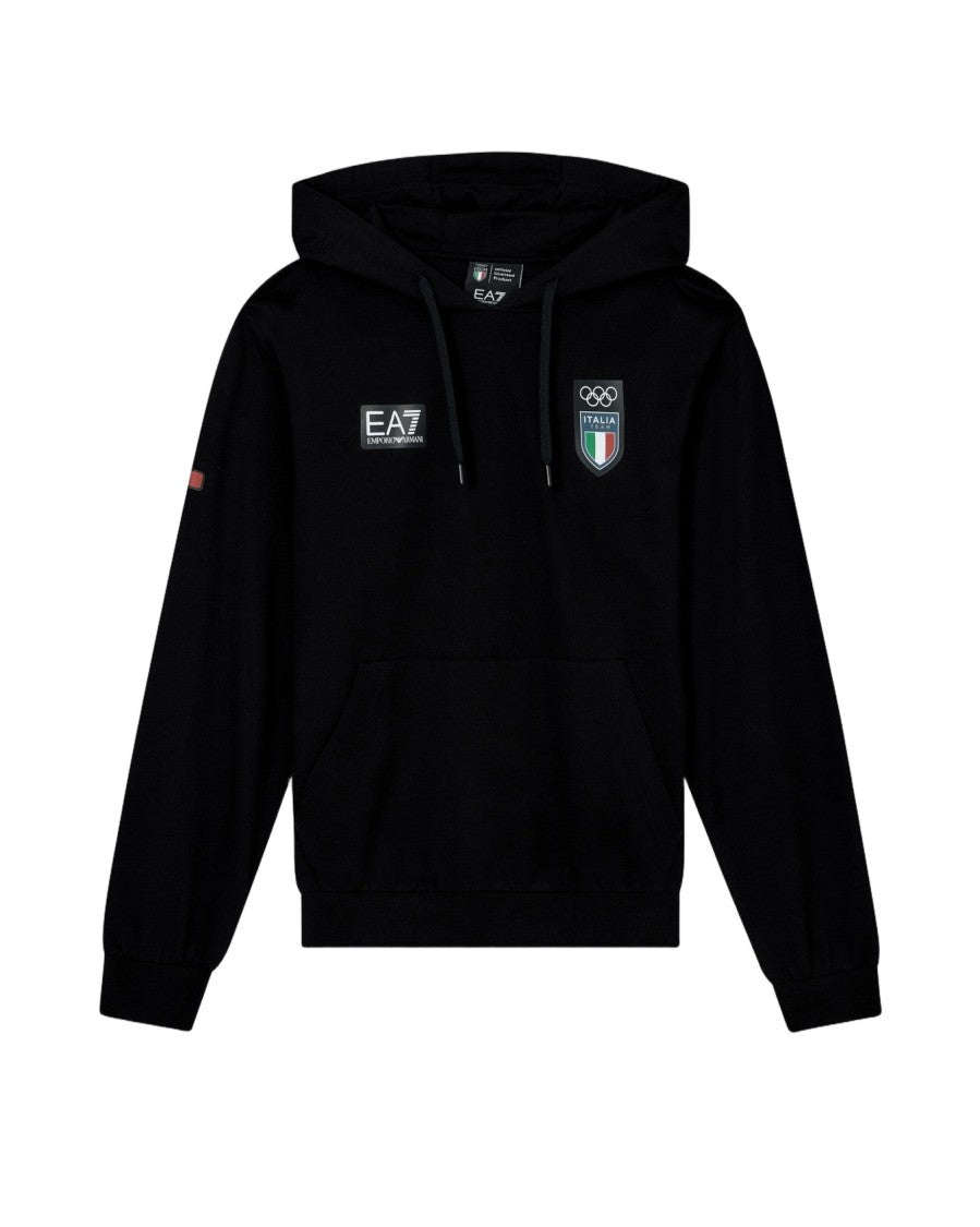 Ea7 Emporio Armani Italia Letter-Emblazoned Black Hoodie With Drawstring Design