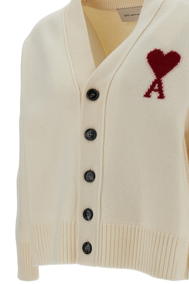 Ami Paris White Heart Intarsia Wool V-Neck Cardigan