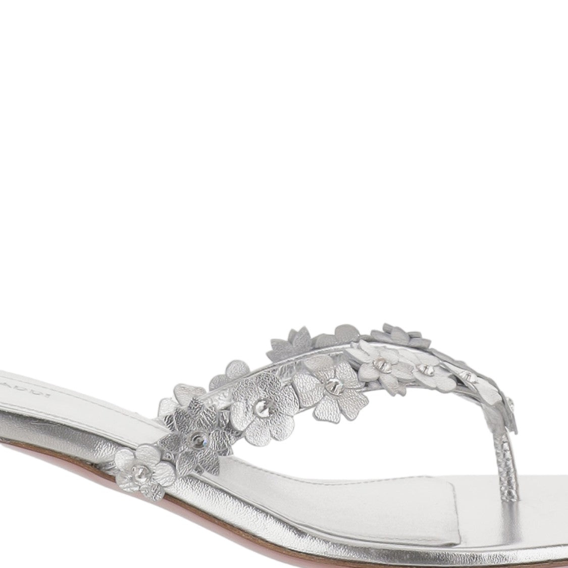 Amina Muaddi Floral Appliqué Thong Leather Sandals With Flared Heel