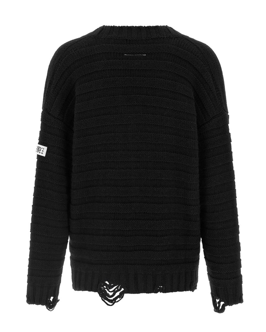 Mm6 By Maison Margiela Destroyed Black Cardigan With V-Neckline And Textured Knit