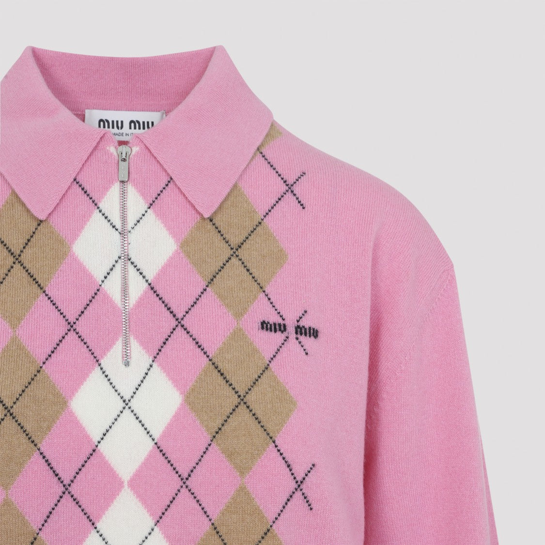 Miu Miu Argyle Cashmere Pullover Sweater With Zip Collar