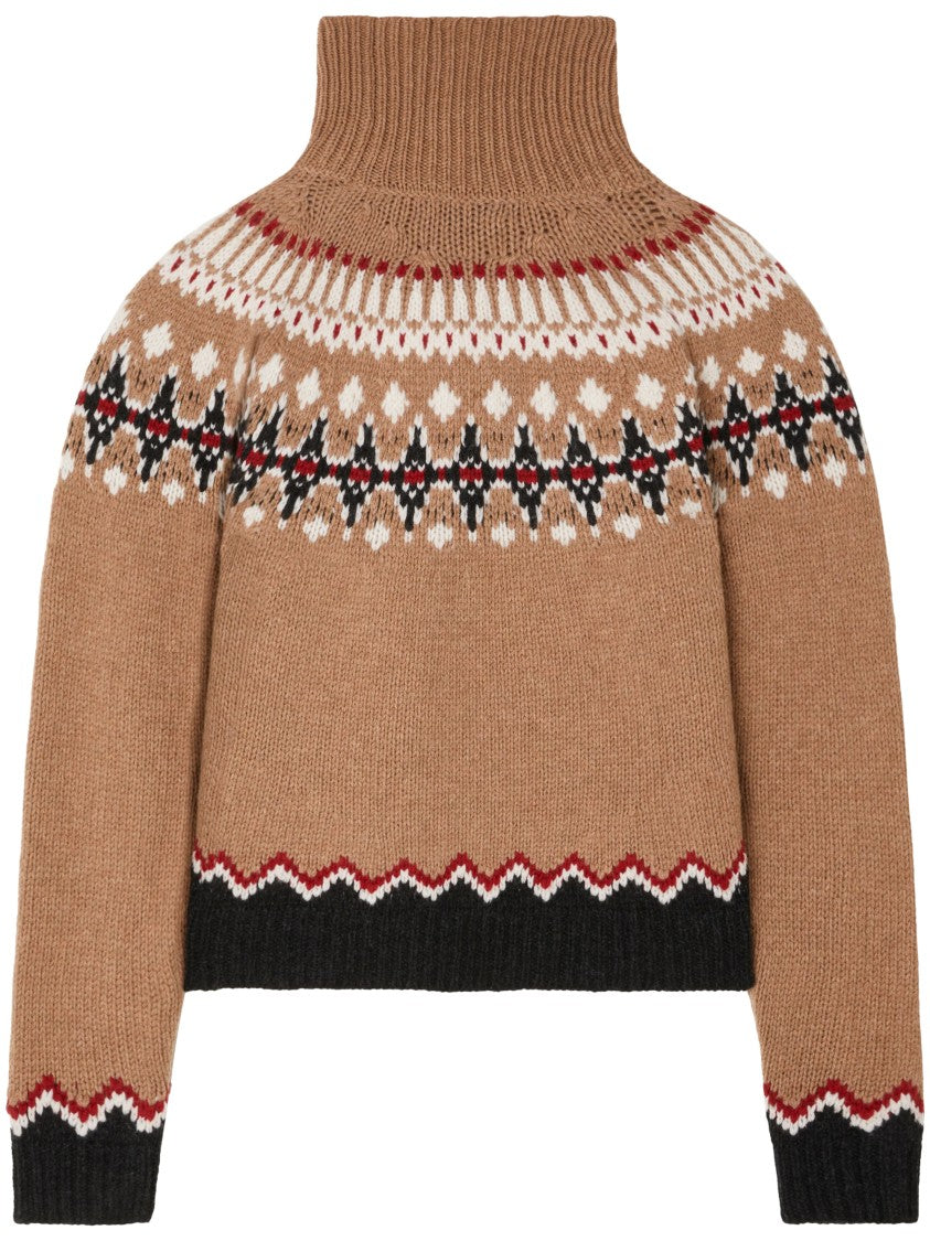 Alanui Patterned Camel Turtleneck Sweater With Geometric And Floral Motifs