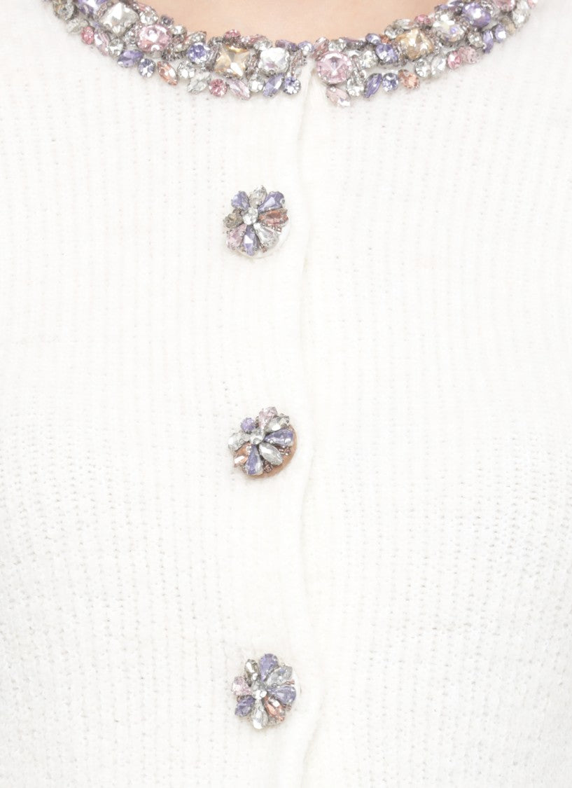 Self-Portrait Cropped Ivory Cardigan With Multicolored Strass Embellishments