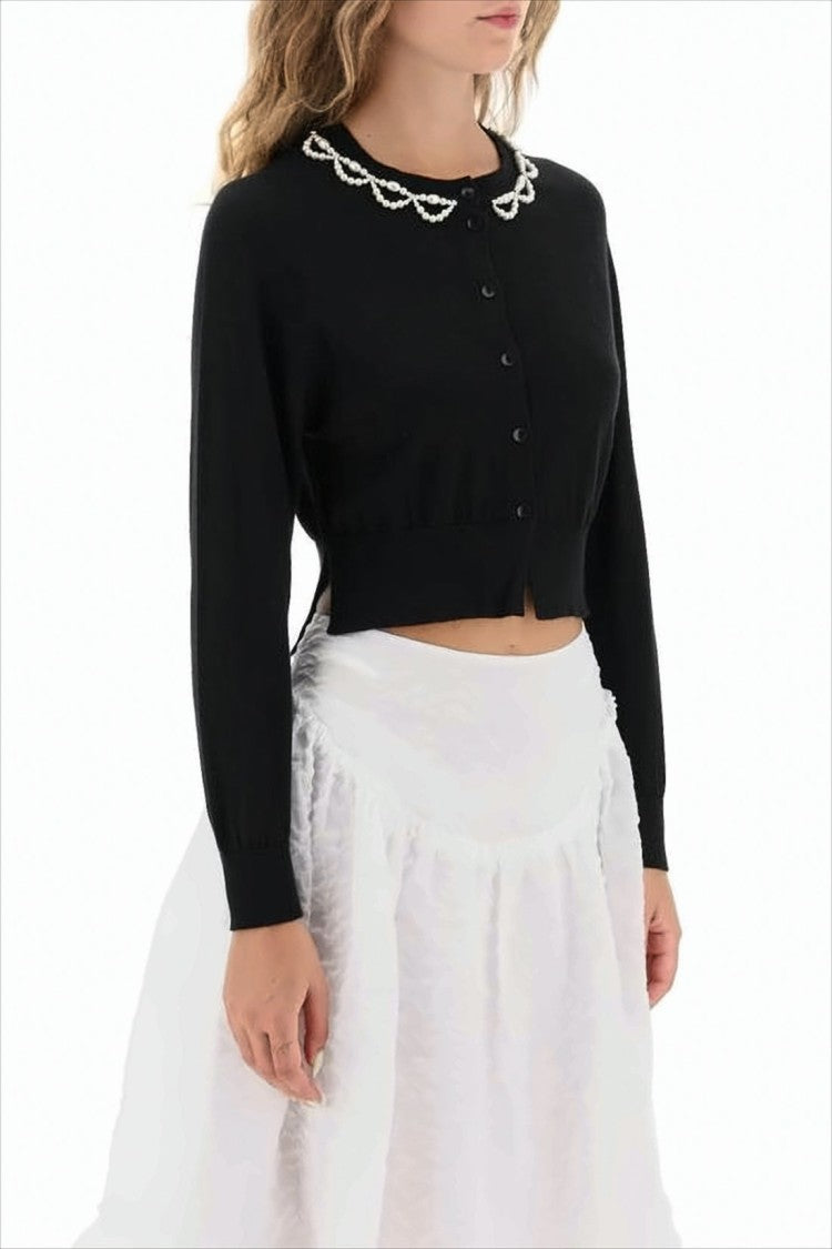 Simone Rocha Cropped Fitted Cardigan With Pearl-Embellished Neckline
