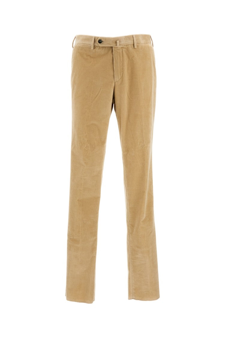 Pt01 Beige Slim Fit Corduroy Trousers With Front Zip Closure