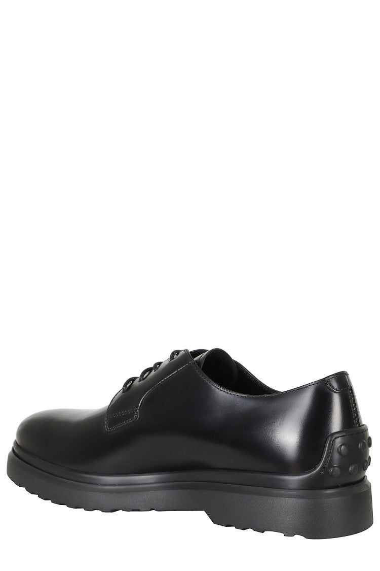 Tod's Black Embossed Logo Laces Rubber Sole Leather Loafers