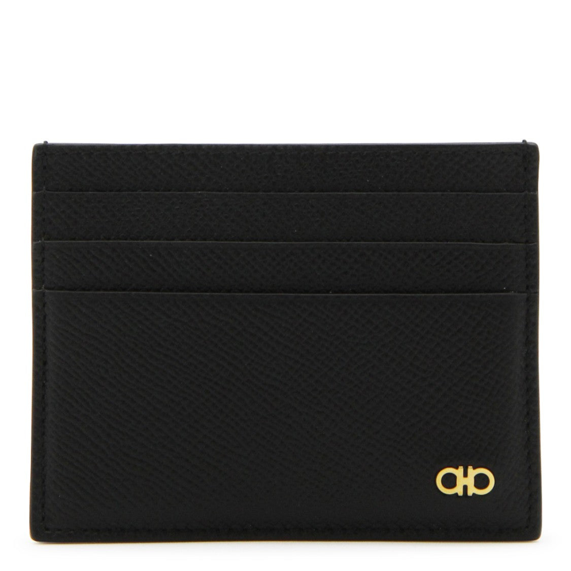 Ferragamo Textured Black Leather Card Holder With Gold-Tone Accents