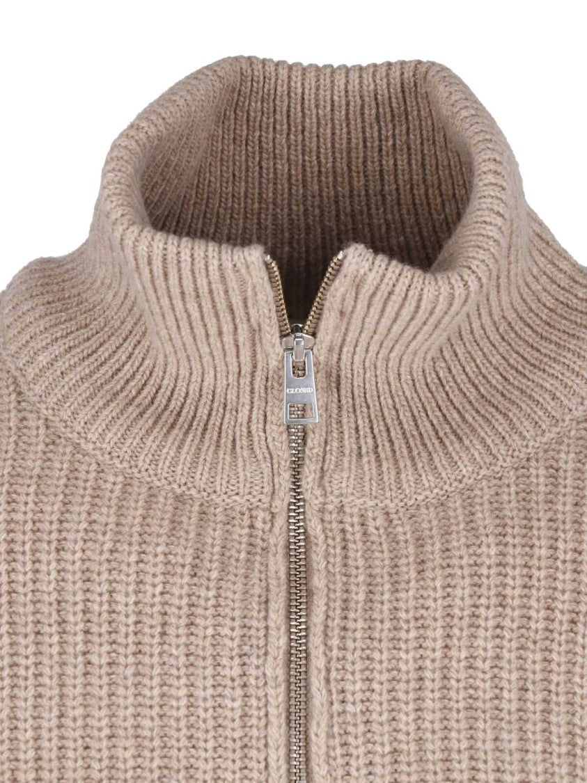 Closed Beige Wool Ribbed Zip Turtleneck Sweater