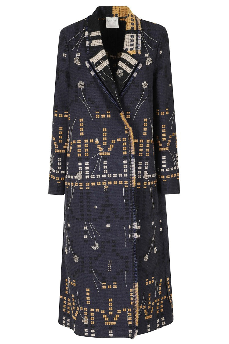 Forte Forte Blue All-Over Embroidered Side Slits Wool Coat