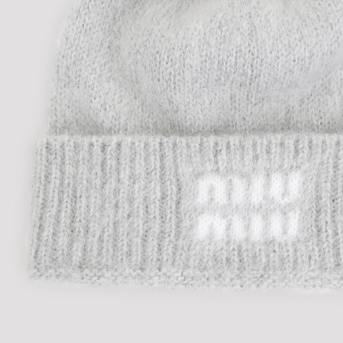 Miu Miu Ribbed Grey Mohair Hat With Contrasting Jacquard Logo