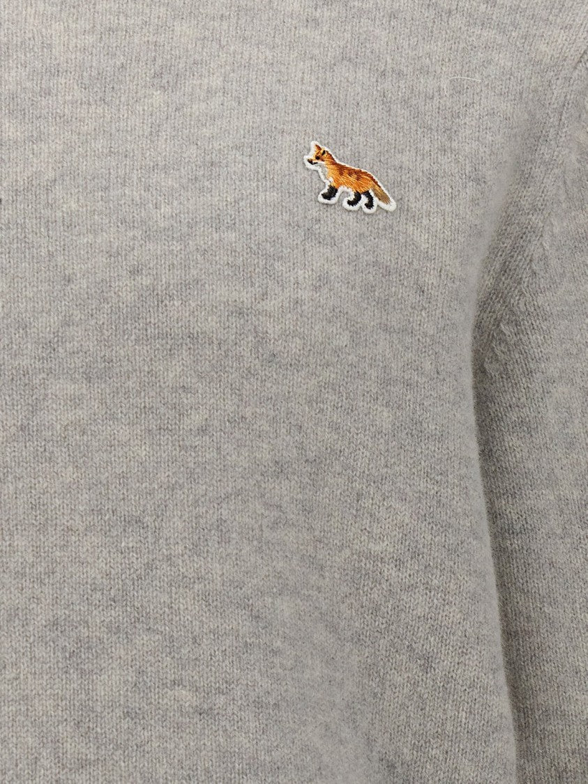 Maison Kitsuné Heathered Grey Crewneck Sweater With Embroidered Fox Emblem