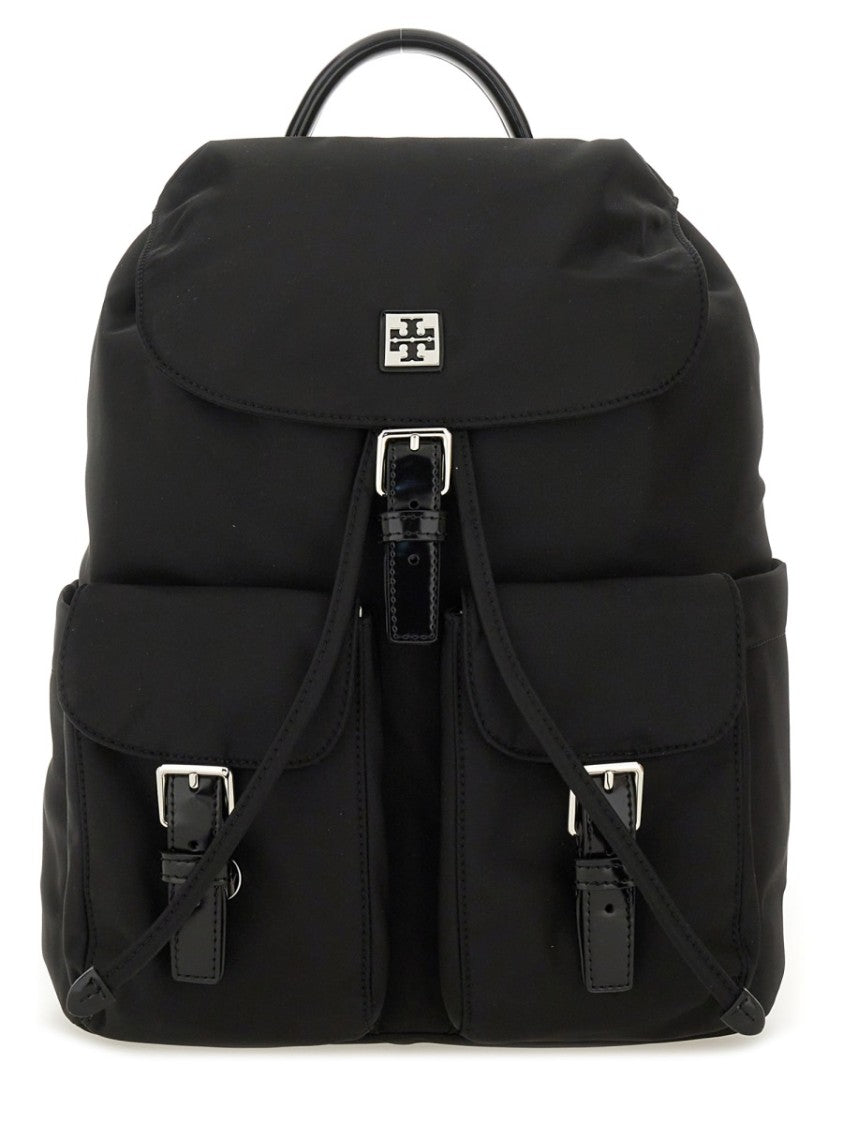 Tory Burch Structured Black Backpack With Buckle Closure And Silver Hardware