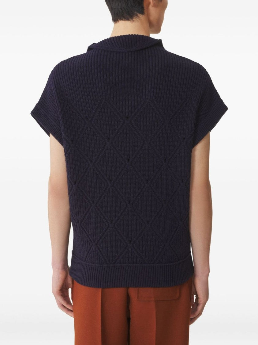 Lanvin Dark Blue Diamond Pattern Ribbed Sweater