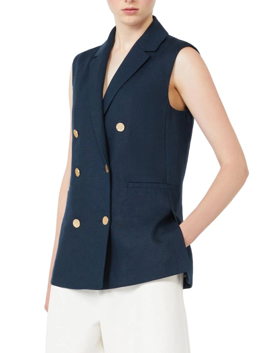 Max Mara Tailored Blue Linen Double-Breasted Gilet With Gold-Tone Buttons
