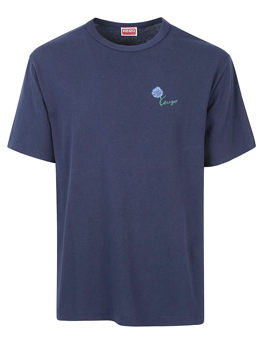 Kenzo Navy Blue Short-Sleeve T-Shirt With Embroidered Floral Detail