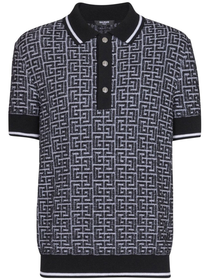Balmain Black Merino Wool Patterned Jacquard Polo