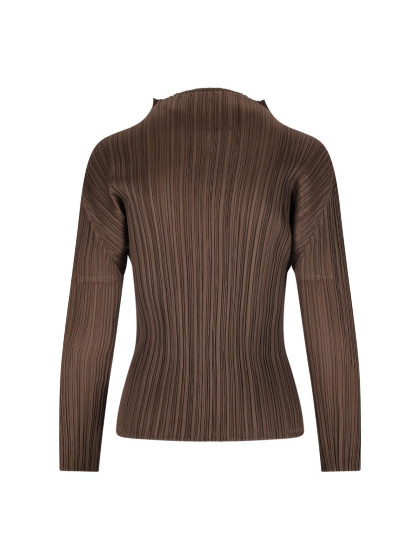 Pleats Please Top In Brown Fabric, High Neck, Long Sleeves
