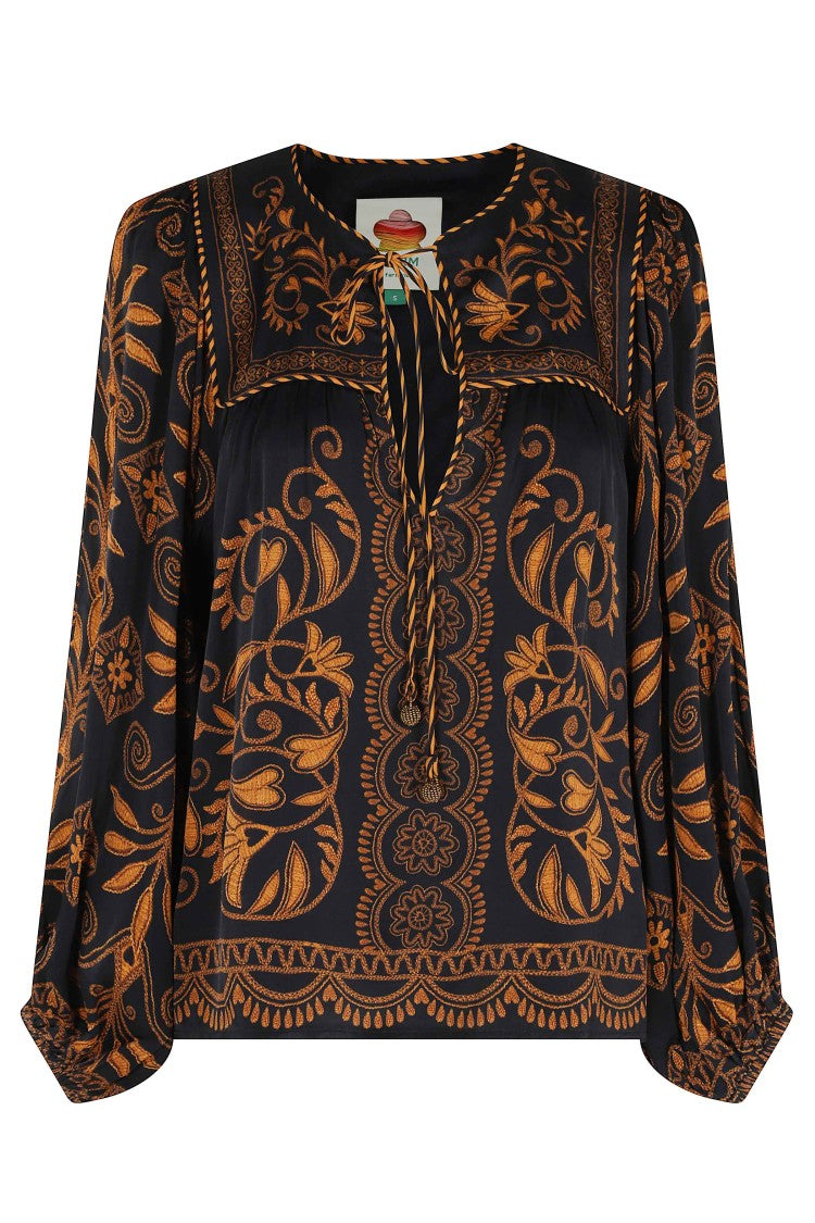 Farm Rio Black Cornely Ainika V-Neck Knot Viscose Blouse