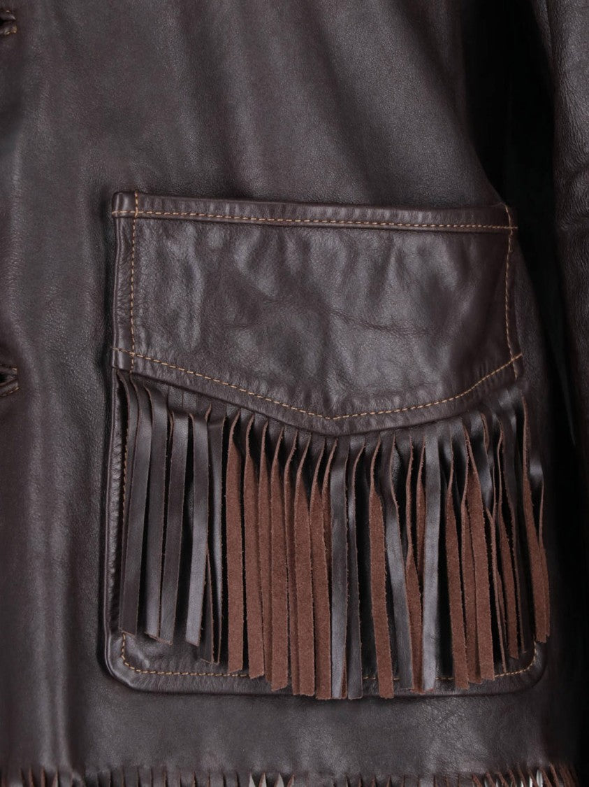 Polo Ralph Lauren Fringed Brown Leather Jacket With Classic Collar
