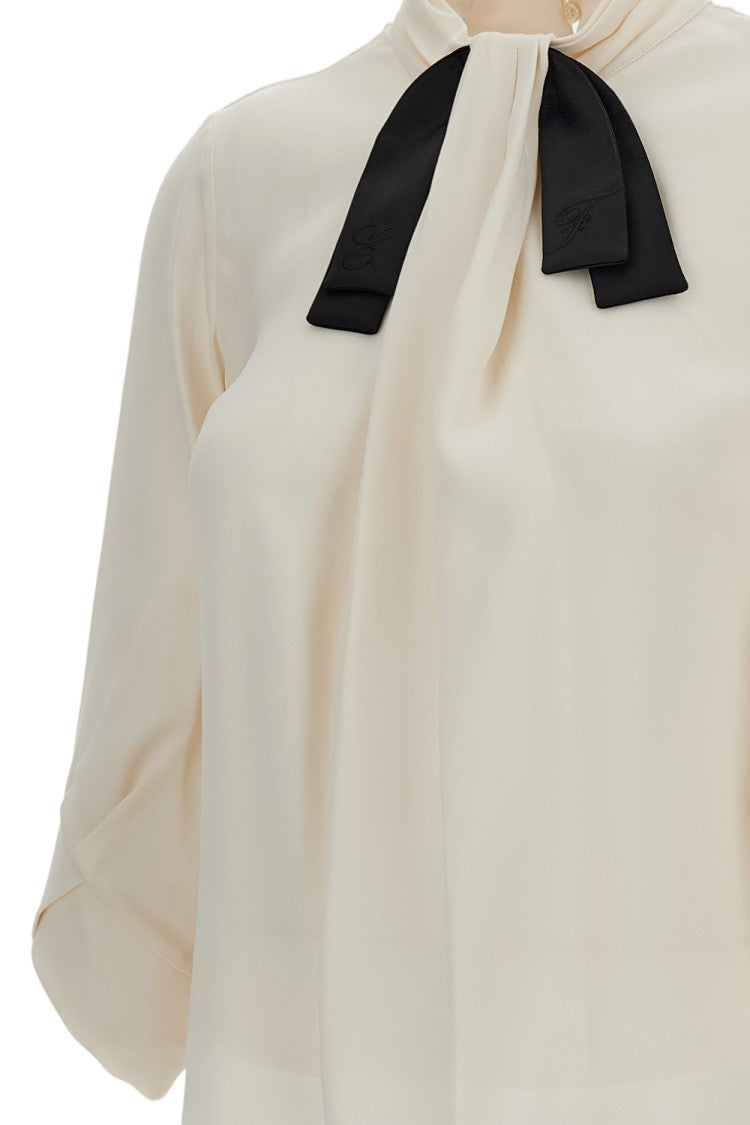 Elisabetta Franchi Cream White Satin Bow Embroidered Shirt