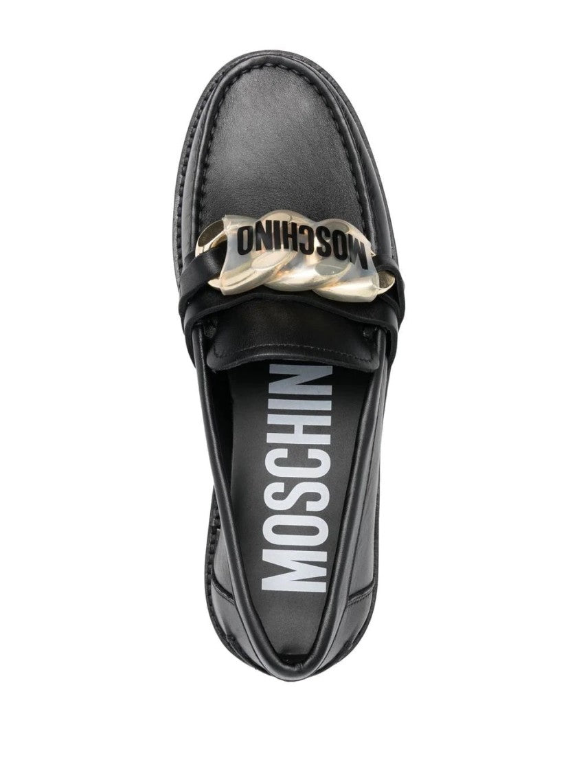 Moschino Sleek Black Leather Loafers With Decorative Chain Detail