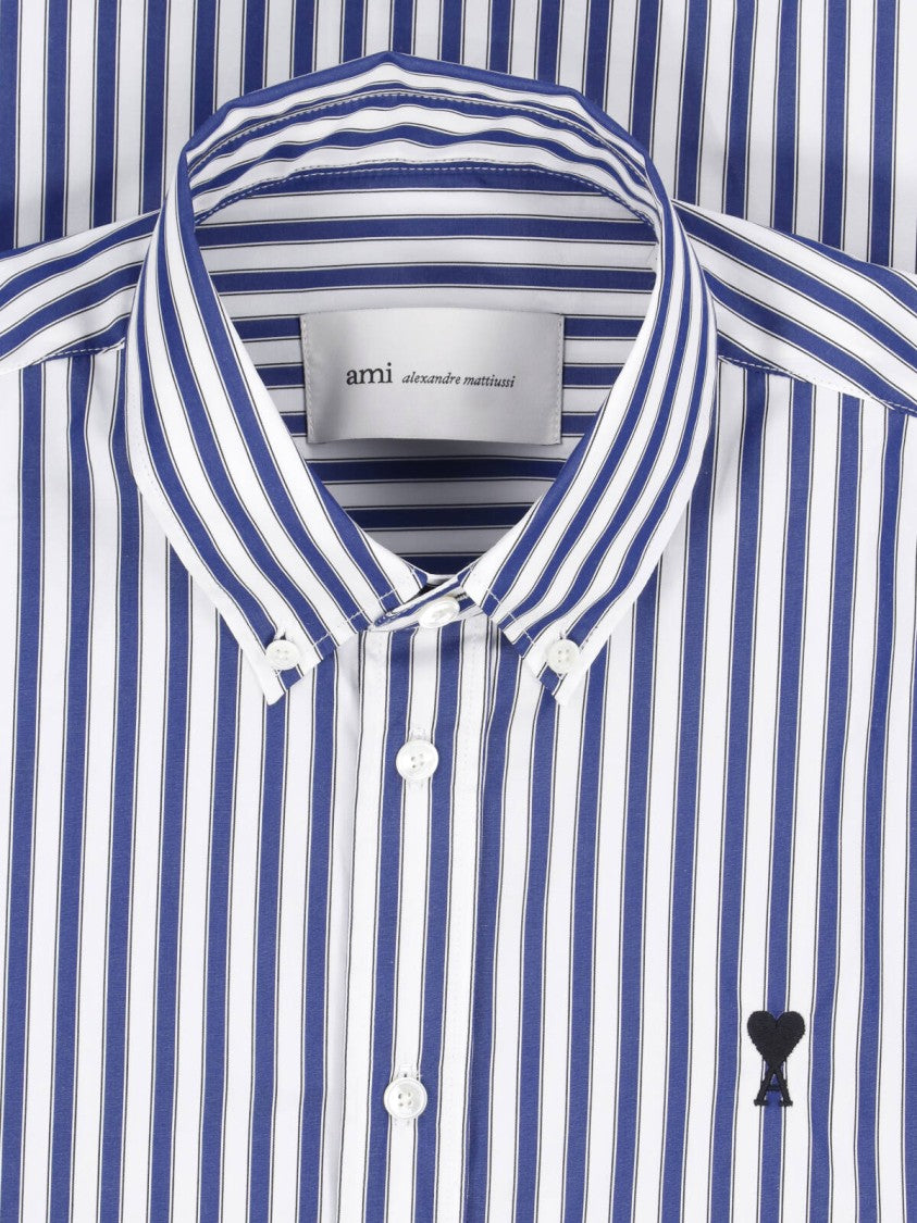 Ami Paris Vertical Stripe Button-Down Shirt With Heart Detail