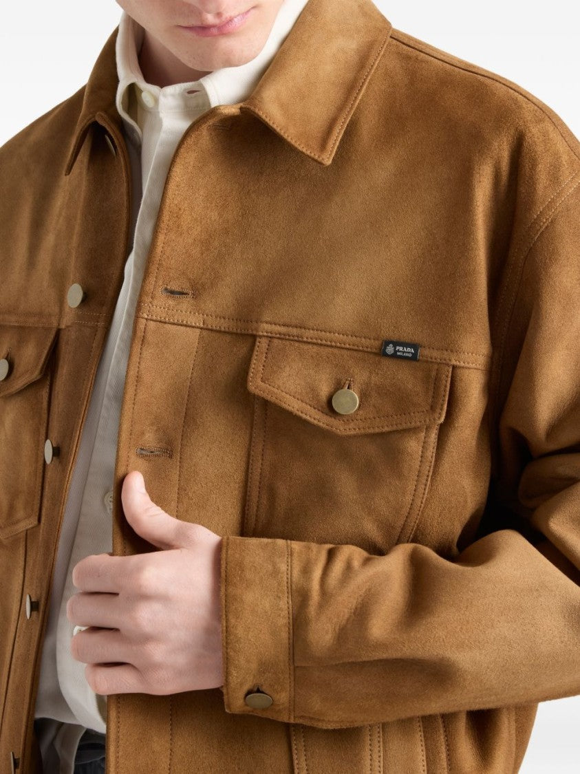 Prada Brown Suede Trucker Tailored Pockets Jacket