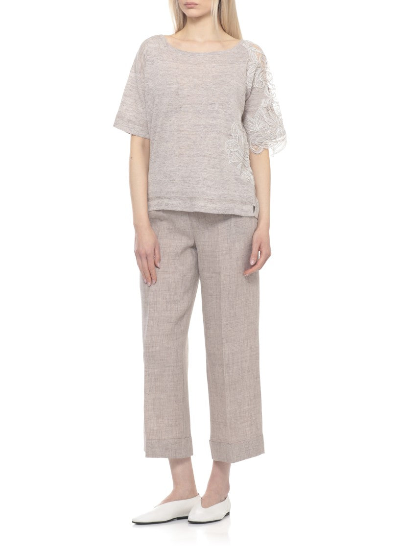 D. Exterior Beige Lace Linen-Blend Short-Sleeved Top
