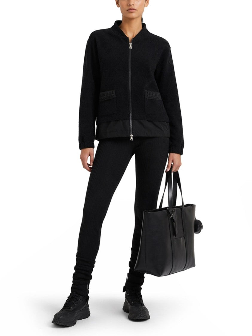 Moncler Black Textured Zip-Up Cardigan With Stand Collar And Patch Pockets