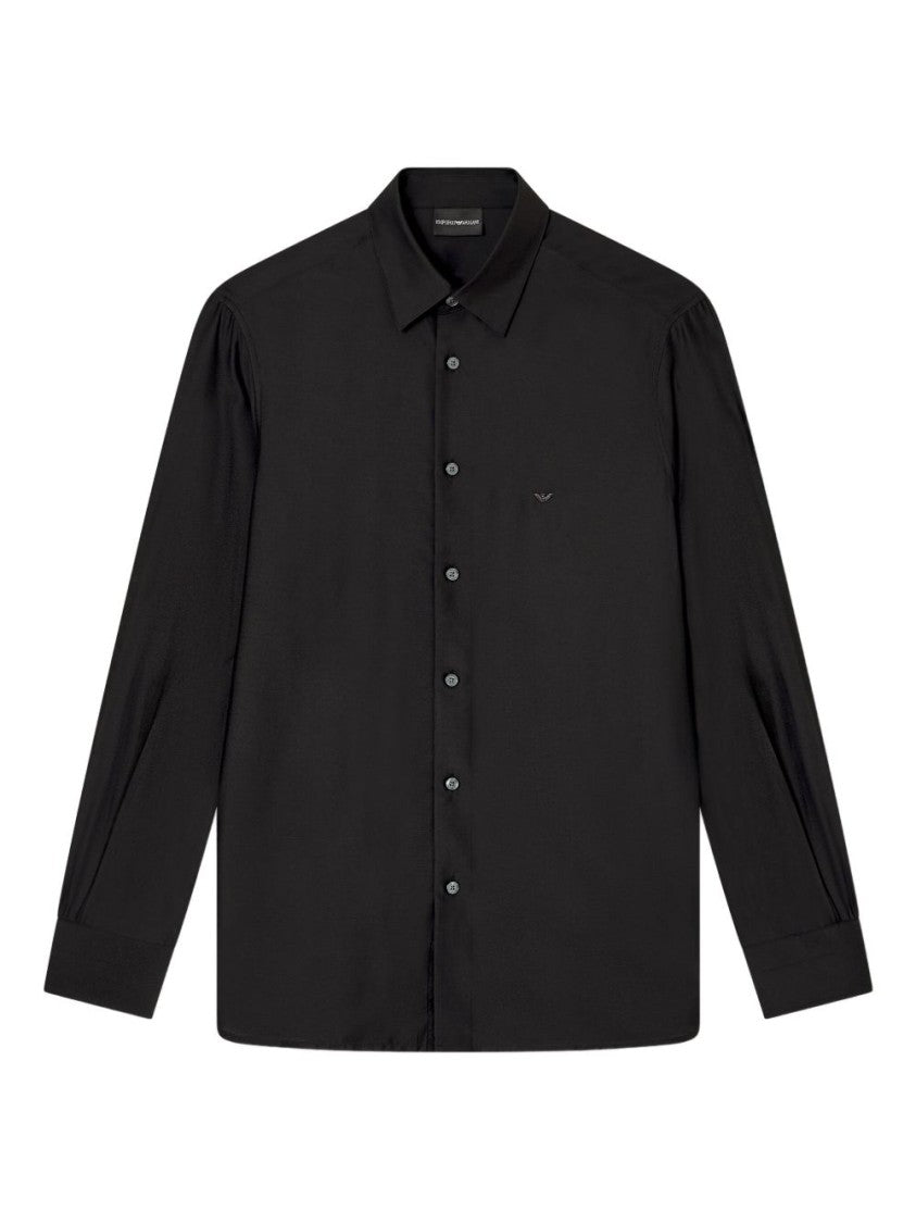 Emporio Armani Silk-Blend Black Casual Shirt With Embroidered Logo