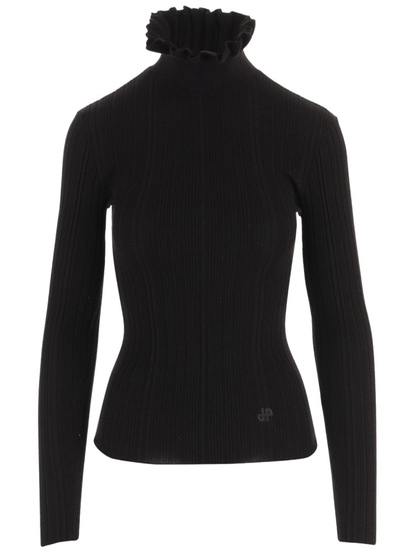 Patou Black Merino Wool Ruffled High-Neck Sweater