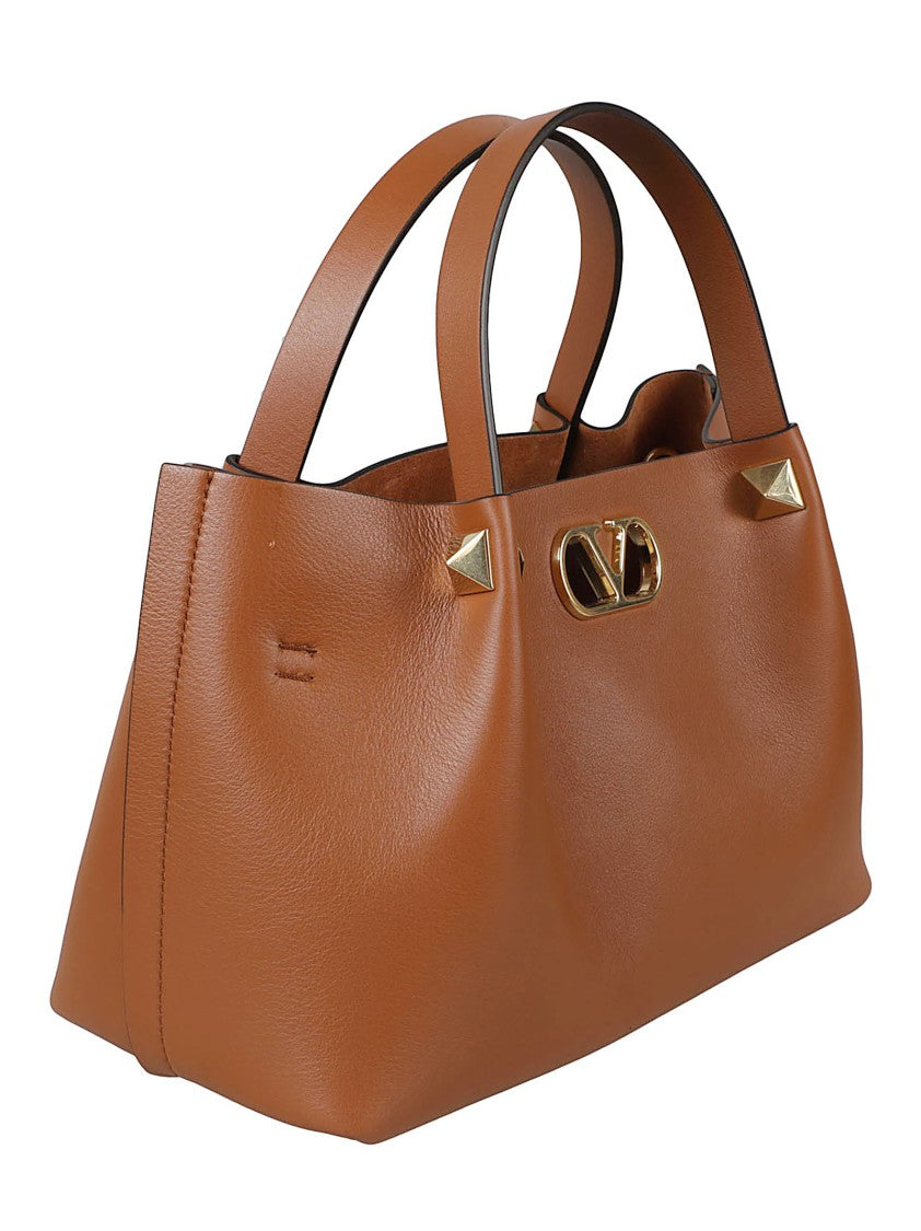 Valentino Garavani Structured Rectangular Handbag In Warm Brown Calf Leather