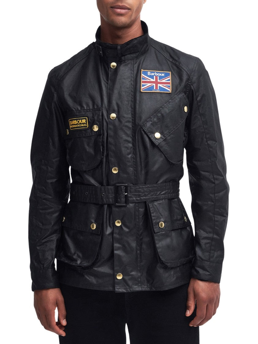 Barbour Union Jack Waxed Jacket With Belted Waist And Multi-Pocket Design