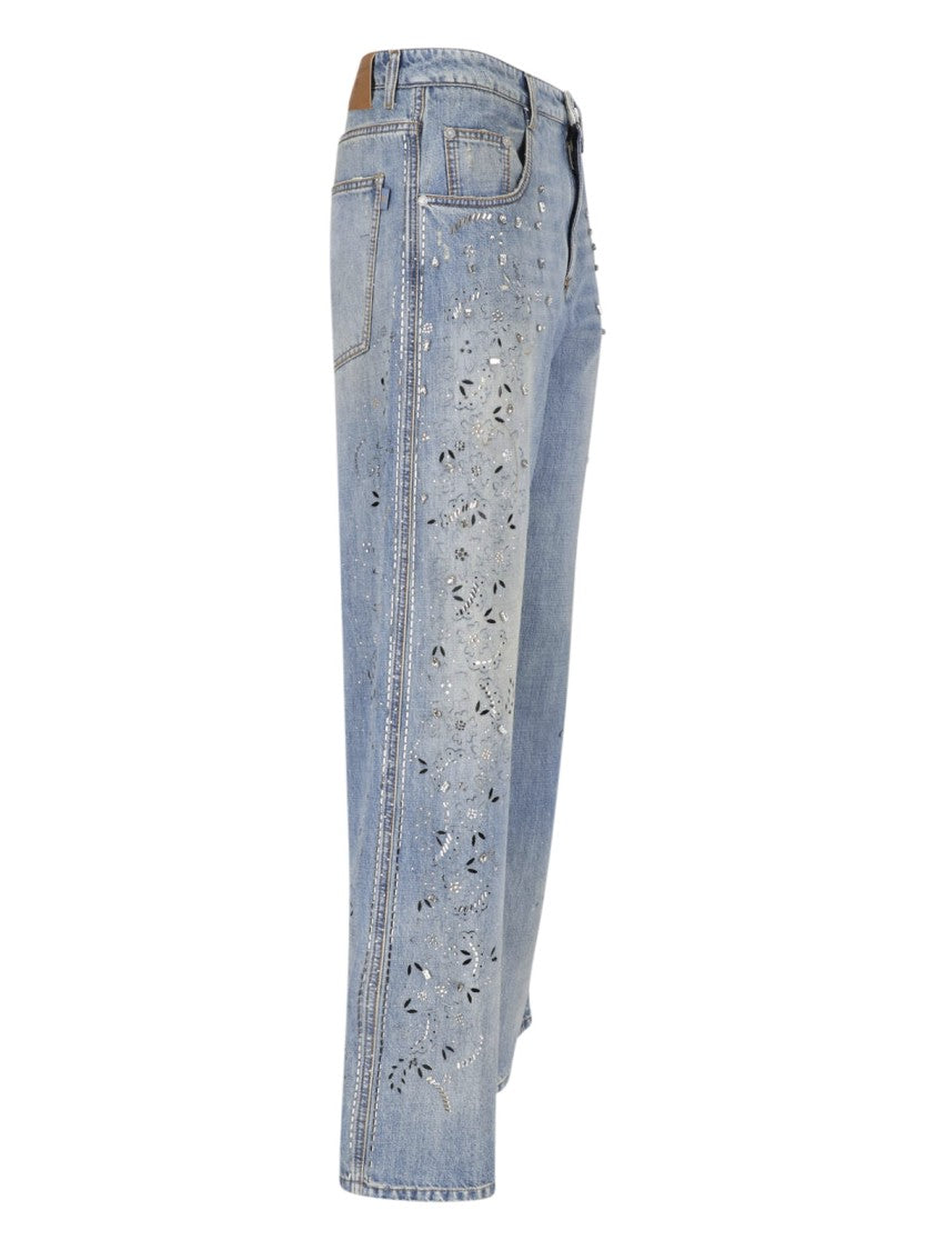 Ermanno Scervino Blue Crystal Stretch Cotton Wide-Leg Jeans