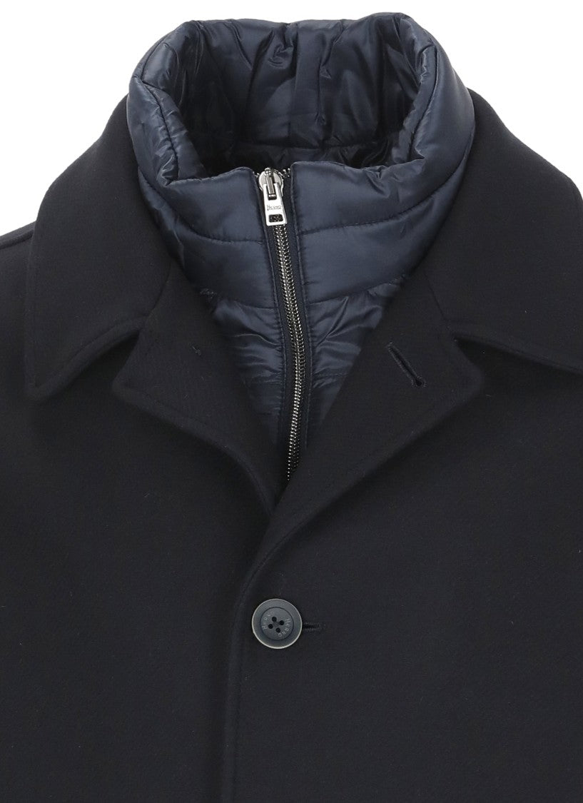 Herno Dark Blue Wool Blend Coat With Removable Lining And Classic Lapel