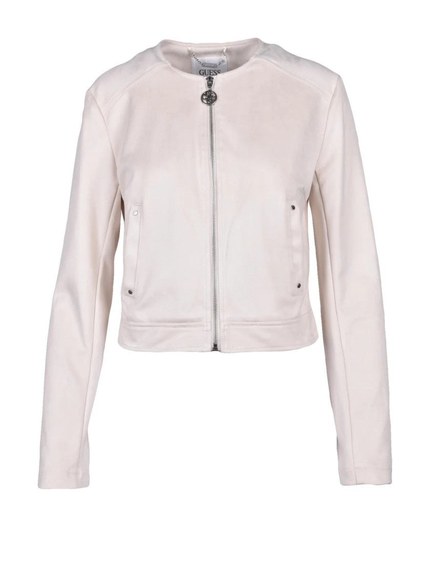 Guess Cropped Biker Jacket In Soft Faux Suede With Zip Closure