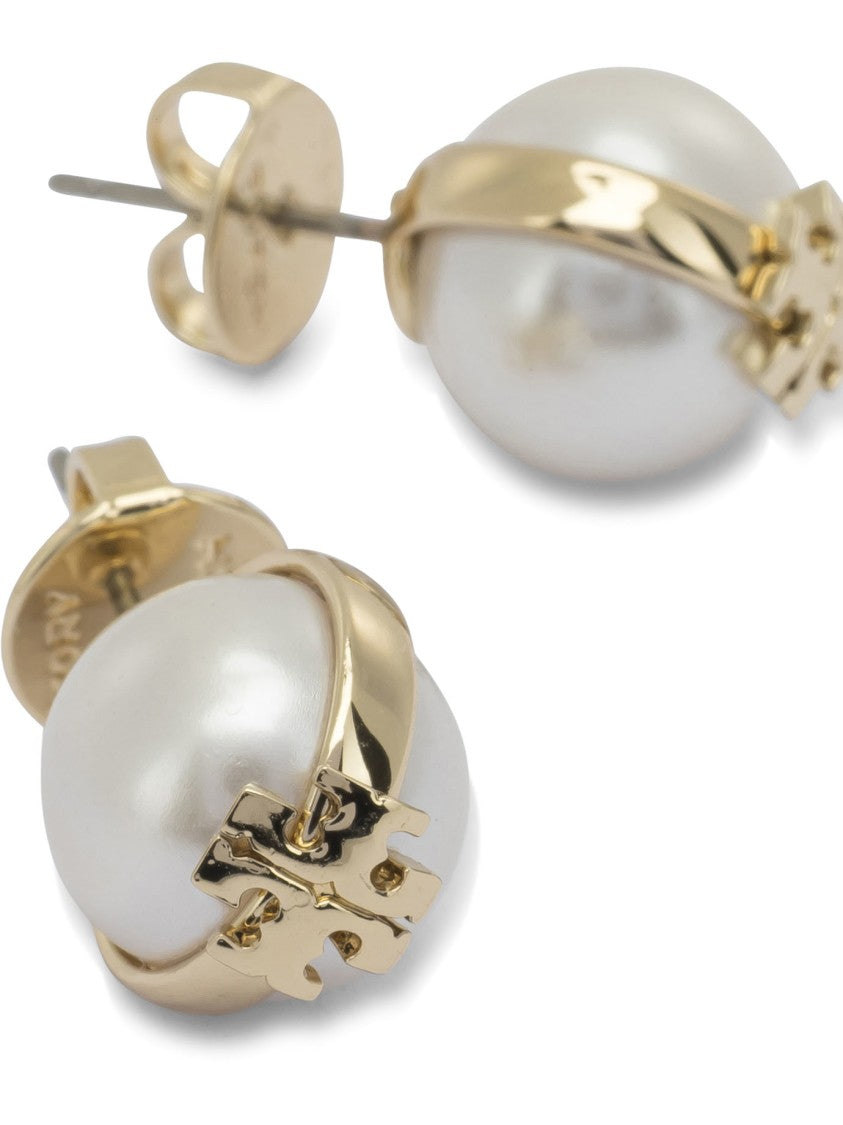 Tory Burch Polished Brass Earrings With Resin Pearl And Cubic Zirconia Accent