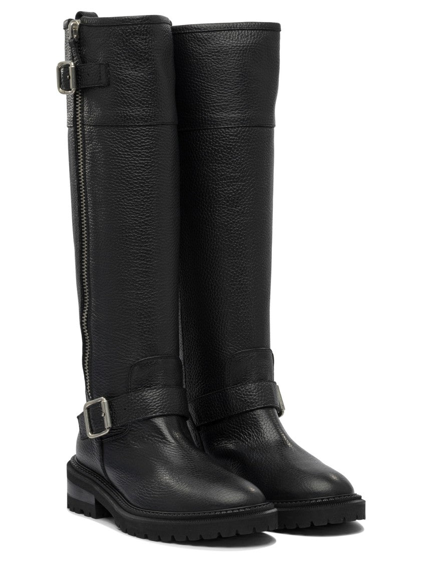 Via Roma 15 Textured Leather Tall Boots With Decorative Buckles