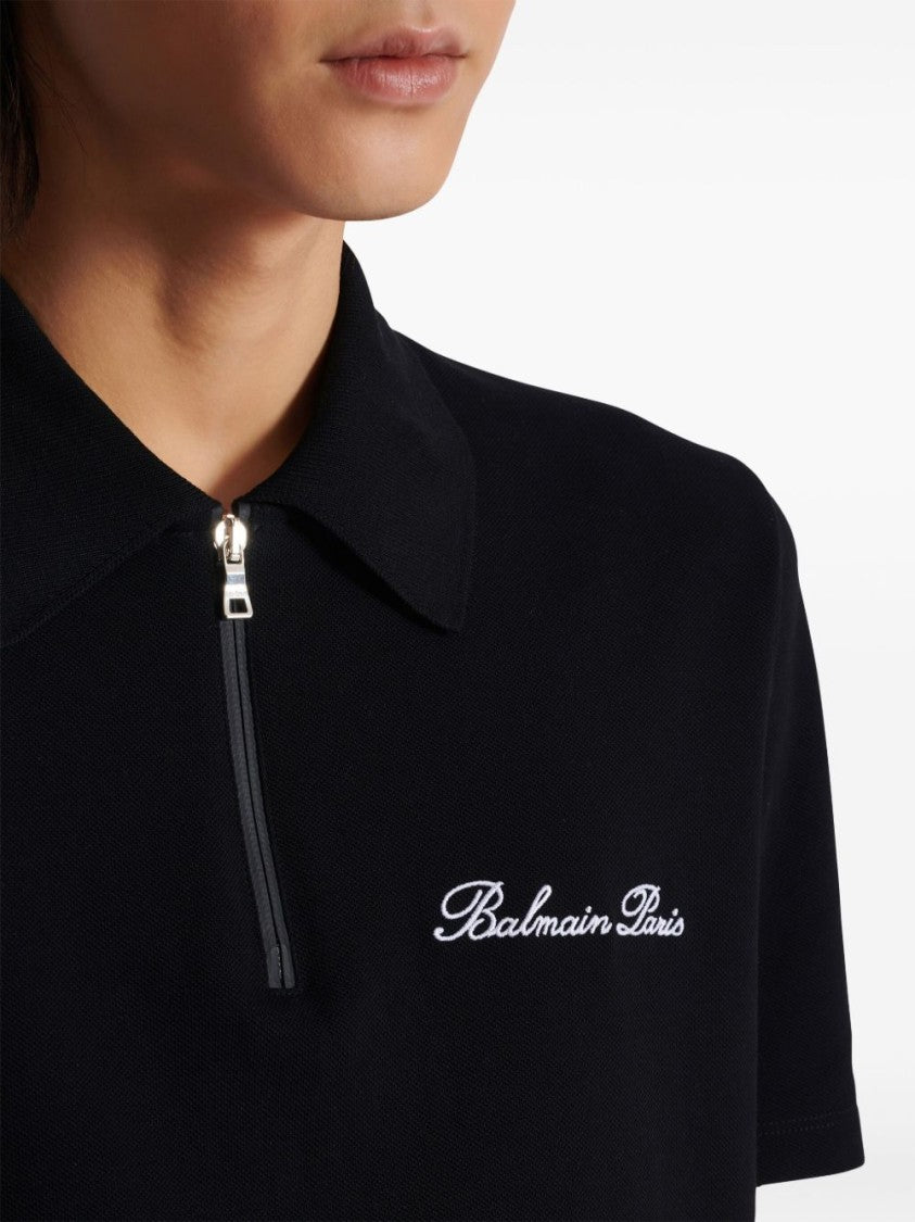 Balmain Black Cotton Piqué Zip Front Polo