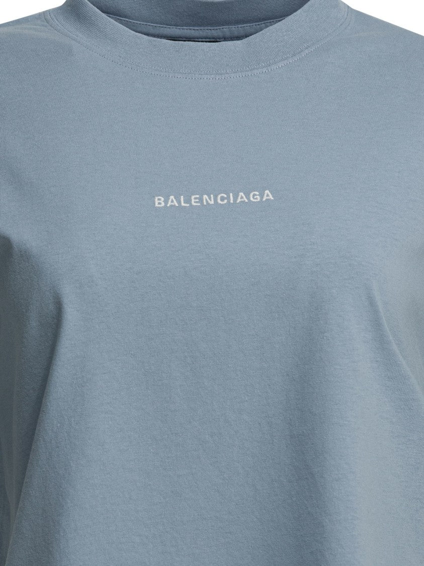 Balenciaga Light Blue Embroidered T-Shirt With Crew Neckline