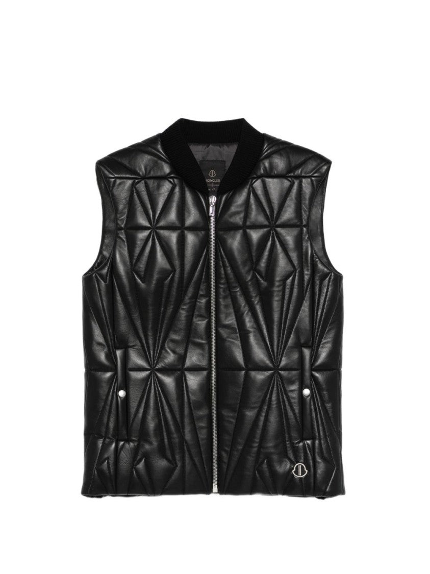 Rick Owens X Moncler Quilted Black Leather Vest With Ribbed Collar And Logo Detail
