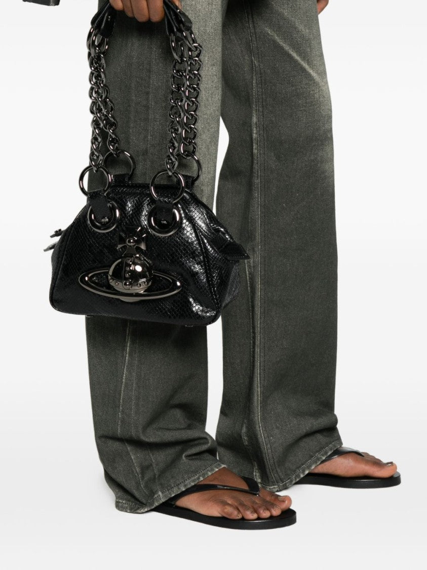 Vivienne Westwood Textured Black Handbag With Metallic Emblem And Chain Handles