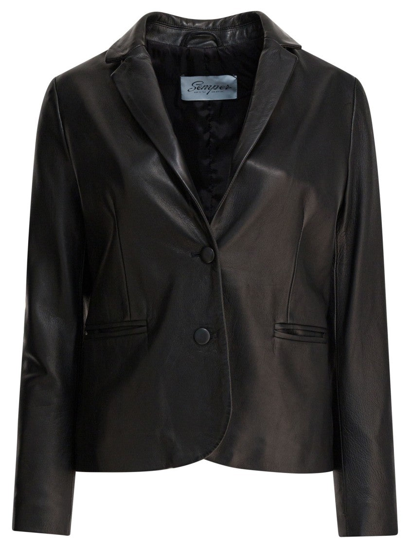 Semper Cropped Tailored Leather Jacket With Notched Lapel