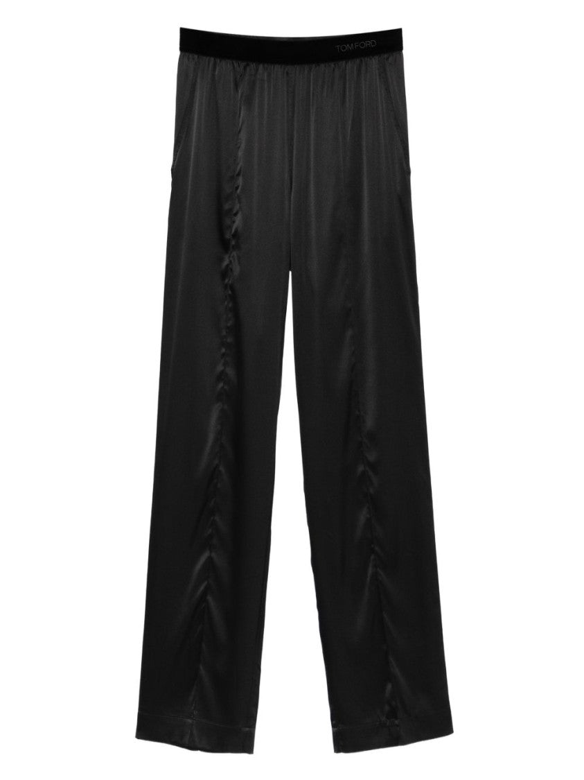 Tom Ford Black Silk Velvet Waistband Straight-Leg Pants