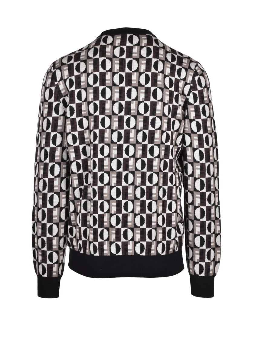 Fendi Brown/Black Geometric Checkered Wool-Blend Crewneck Sweater