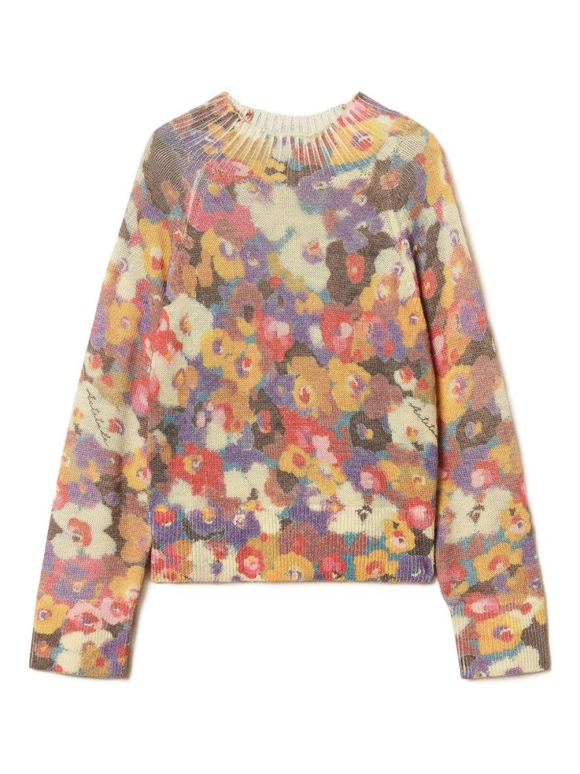 Twin-Set Multicolored Floral Patterned Sweater With Ribbed Crew Neckline
